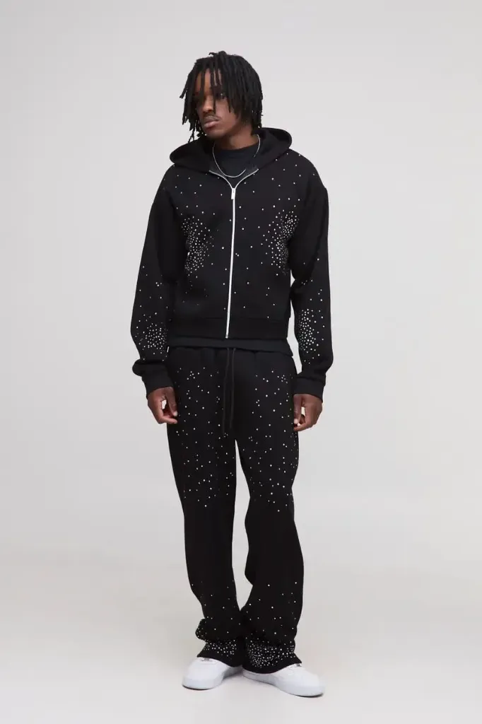 Tall Shrunken Rhinestone Zip Through Hoodie (S, BLACK)