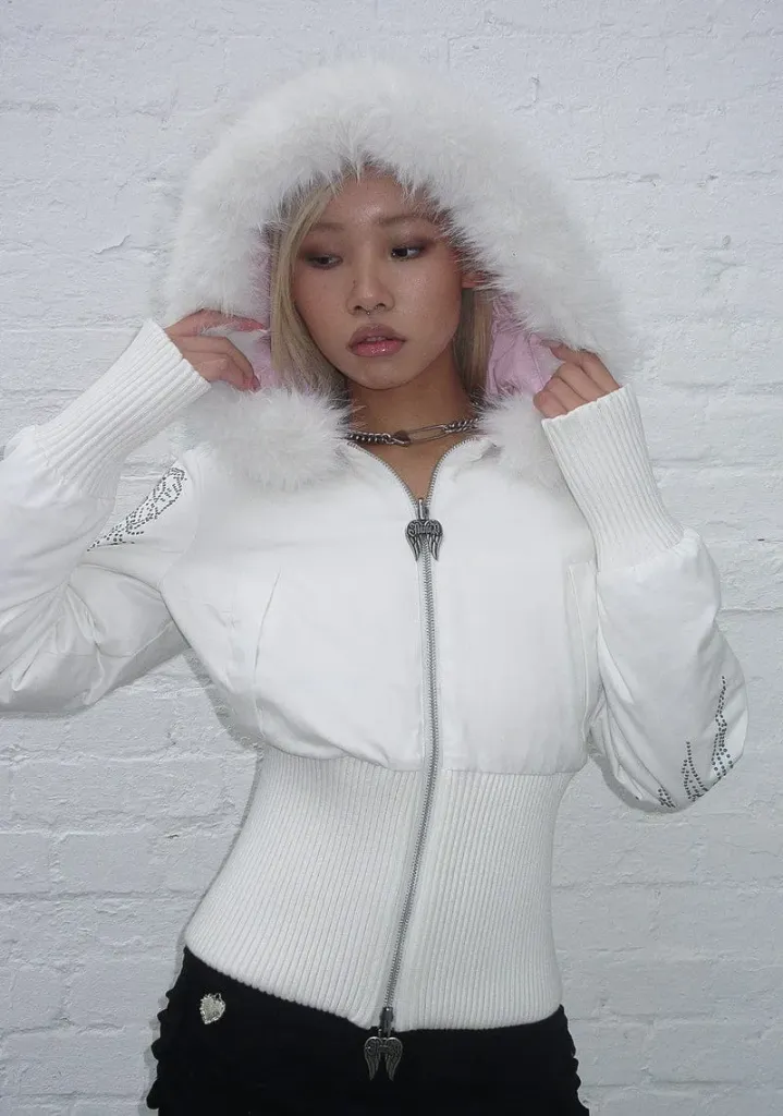 FALLEN FAUX FUR REVERSIBLE RIB PUFFER JACKET BABY PINK AND WHITE (S, Pink)