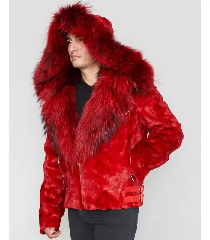 Ed Mink Moto Jacket with Fox Collar & Hood in Red