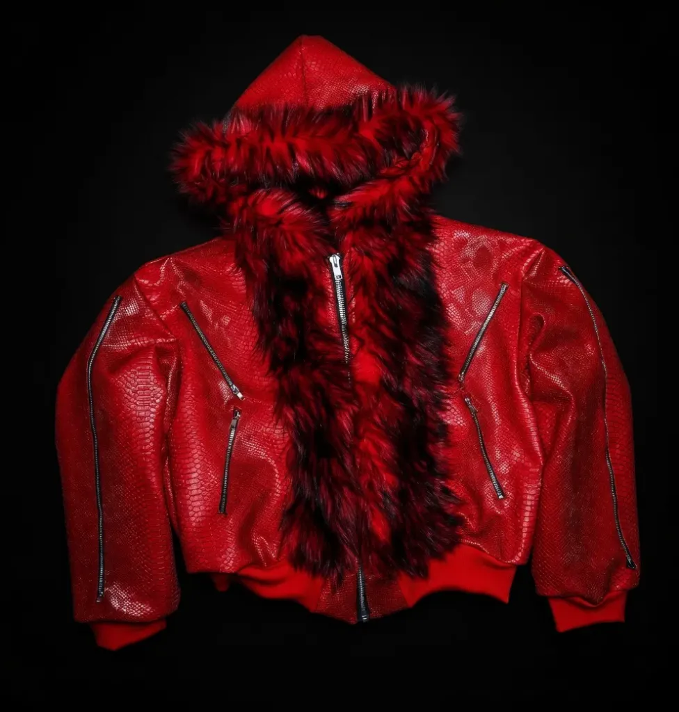 Ed Mink Moto leather Jacket with Fox Collar & Hood in Red